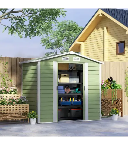 Cobertizo Metálico para Jardín 213x120x166/194 cm con Base Refuerzo Puertas Correderas y Ventilaciones Verde Claro