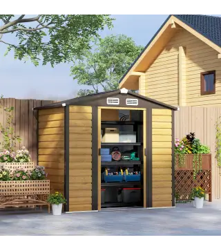 Cobertizo Metálico para Jardín 213x120x166/194 cm con Base Refuerzo Puertas Correderas y Ventilaciones Roble