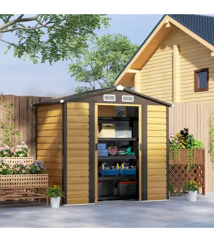 Cobertizo Metálico para Jardín 213x120x166/194 cm con Base Refuerzo Puertas Correderas y Ventilaciones Roble