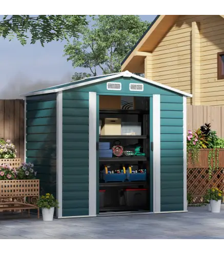 Cobertizo Metálico para Jardín 213x120x166/194 cm con Base Refuerzo Puertas Correderas y Ventilaciones Verde Oscuro