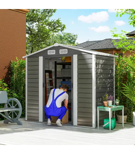Cobertizo Metálico para Jardín 213x120x166/194 cm con Base Refuerzo Puertas Correderas y Ventilaciones Gris Oscuro