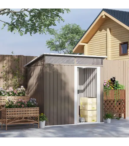 Caseta de Jardín Metálica con Puerta Corredera Ventanas y Ventilación para Almacenaje Exterior 195x122x159/182 cm Marrón