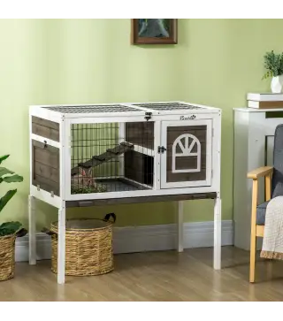 Conejera de Madera con Zona Abierta Techo Abatible Puertas Bandeja Extraíble y Rampa 90x53x87 cm Marrón y Blanco