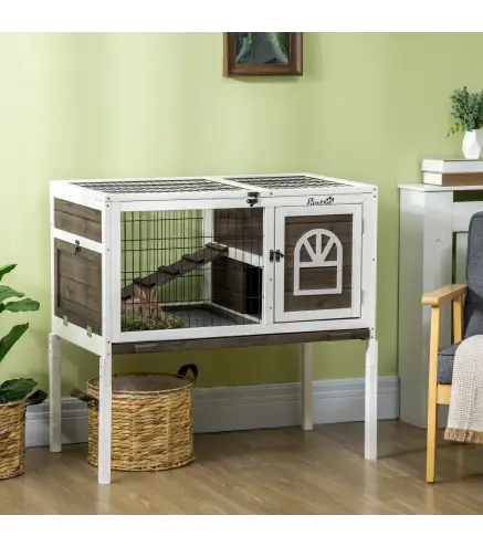 Conejera de Madera con Zona Abierta Techo Abatible Puertas Bandeja Extraíble y Rampa 90x53x87 cm Marrón y Blanco