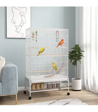Jaula para Pájaros con Ruedas Bandeja Extraíble Puertas Comederos Perchas y Estante Inferior 79x49x133 cm Blanco