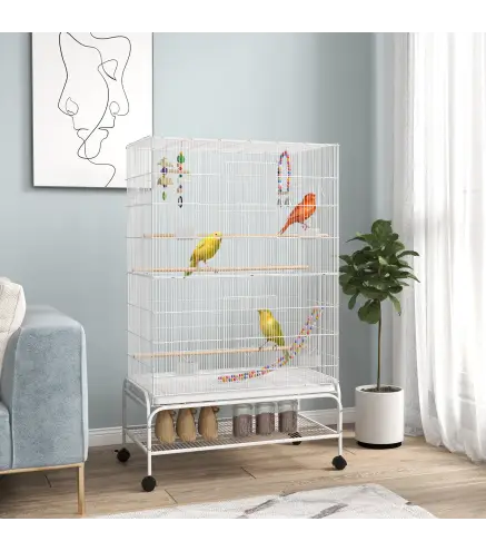 Jaula para Pájaros con Ruedas Bandeja Extraíble Puertas Comederos Perchas y Estante Inferior 79x49x133 cm Blanco