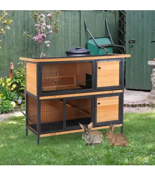Jaula para Conejos con Techo Asfáltico Abatible Puertas con Pestillo Bandejas Extraíbles 122x50x101 cm Natural y Negro