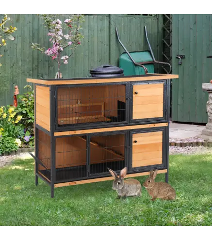 Jaula para Conejos con Techo Asfáltico Abatible Puertas con Pestillo Bandejas Extraíbles 122x50x101 cm Natural y Negro