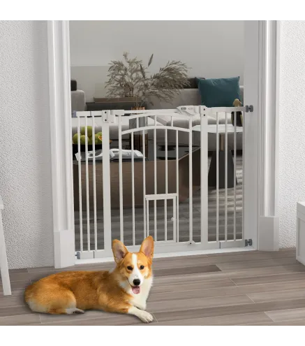 Barrera de Seguridad para Perros 74-100 cm con Extensión Montaje a Presión Doble Bloqueo para Puerta Escalera Blanco
