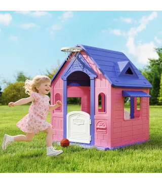 Casita Infantil Exterior e Interior 3 en 1 con Lanzamiento de Aros Baloncesto para Niños de 2-5 Años Rosa y Morado