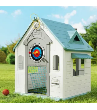 Casita Infantil Exterior e Interior 5 en 1 con Lanzamiento de Aros Baloncesto Fútbol Dardos para Niños +2 Años Beige