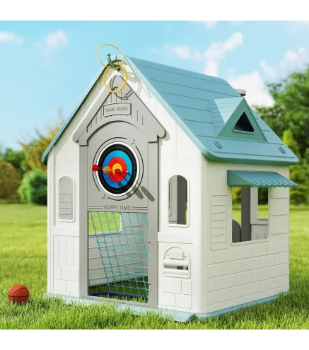 Casita Infantil Exterior e Interior 5 en 1 con Lanzamiento de Aros Baloncesto Fútbol Dardos para Niños +2 Años Beige