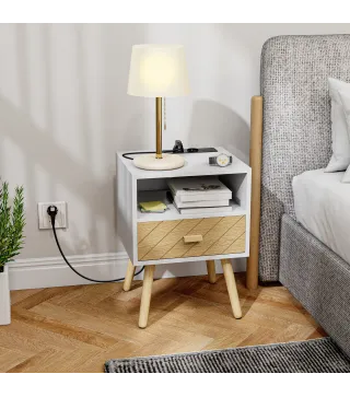 Mesilla de Noche con Estación de Carga Cajón 2 Tomas AC Puerto USB Tipo-C Compartimento Abierto Patas de Madera Blanco
