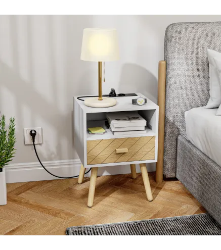 Mesilla de Noche con Estación de Carga Cajón 2 Tomas AC Puerto USB Tipo-C Compartimento Abierto Patas de Madera Blanco