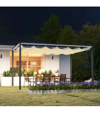 Pérgola de Aluminio 4x3 m Gazebo con Luces LED Solares y Techo Retráctil para Jardín Crema