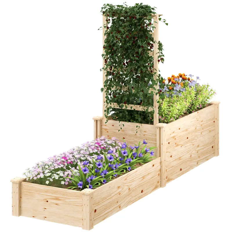 Jardinera Elevada con Celosía de Madera para Plantas Trepadoras y 2 Cajas de Cultivo 222x63x132 cm Natural