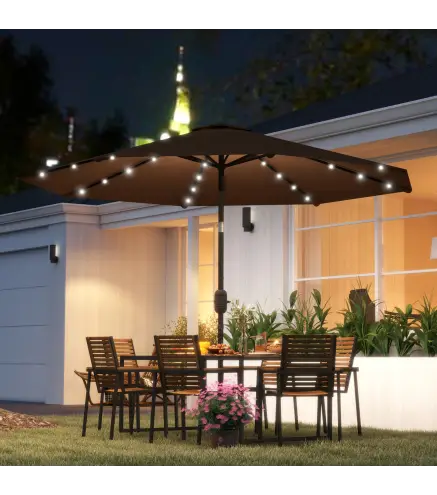 Sombrilla de Jardín Ø265 cm con 32 Luces LED Solares Manivela y Poste de Acero para Patio Terraza Marrón