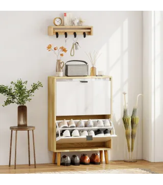 Zapatero Estrecho con 2 Puertas en Blanco Brillo Estantes Ajustables Patas de Madera para 12 Pares de Zapatos