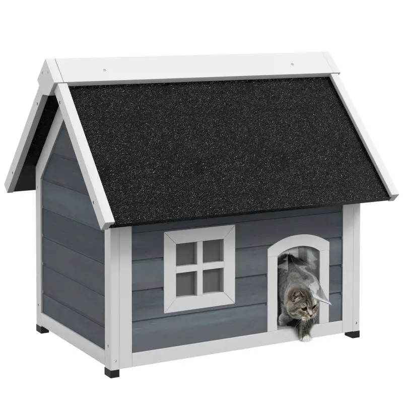 Casa para Gatos de Madera con Techo Asfáltico Abatible 3 Puertas Ventana para Exterior 77x57,5x68 cm Gris y Negro