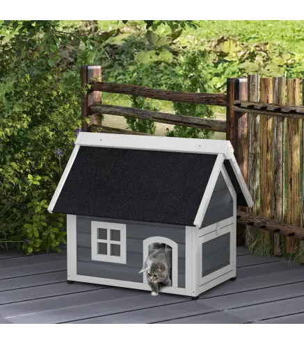Casa para Gatos de Madera con Techo Asfáltico Abatible 3 Puertas Ventana para Exterior 77x57,5x68 cm Gris y Negro