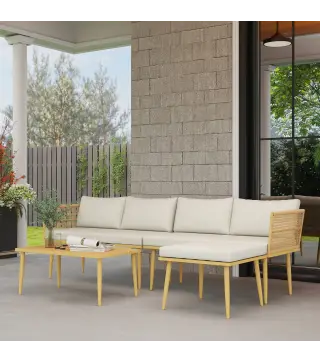 Conjunto de Jardín de Ratán Sintético de 4 Piezas con Sofás Modulares Mesa Auxiliar y Cojines Natural