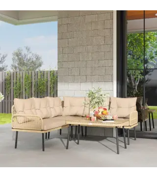 Conjunto de Muebles de Jardín de Ratán Sintético de 4 Piezas en Forma de L con Estructura de Acero Cojines y Mesa
