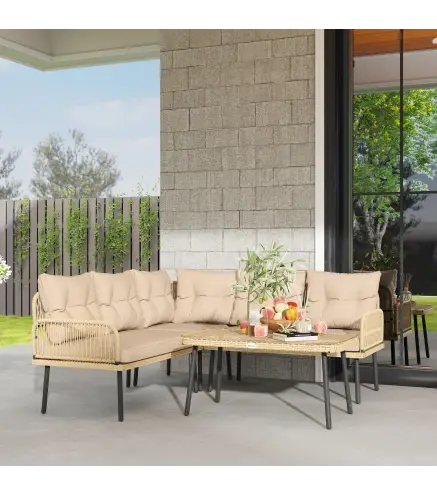 Conjunto de Muebles de Jardín de Ratán Sintético de 4 Piezas en Forma de L con Estructura de Acero Cojines y Mesa