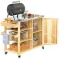 Carrito de Parrilla de Madera con 4 Ruedas Estantes Armario y Encimera de Acero Inoxidable 134,5x50x91,5 cm Natural