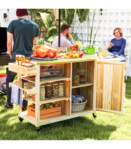 Carrito de Parrilla de Madera con 4 Ruedas Estantes Armario y Encimera de Acero Inoxidable 134,5x50x91,5 cm Natural