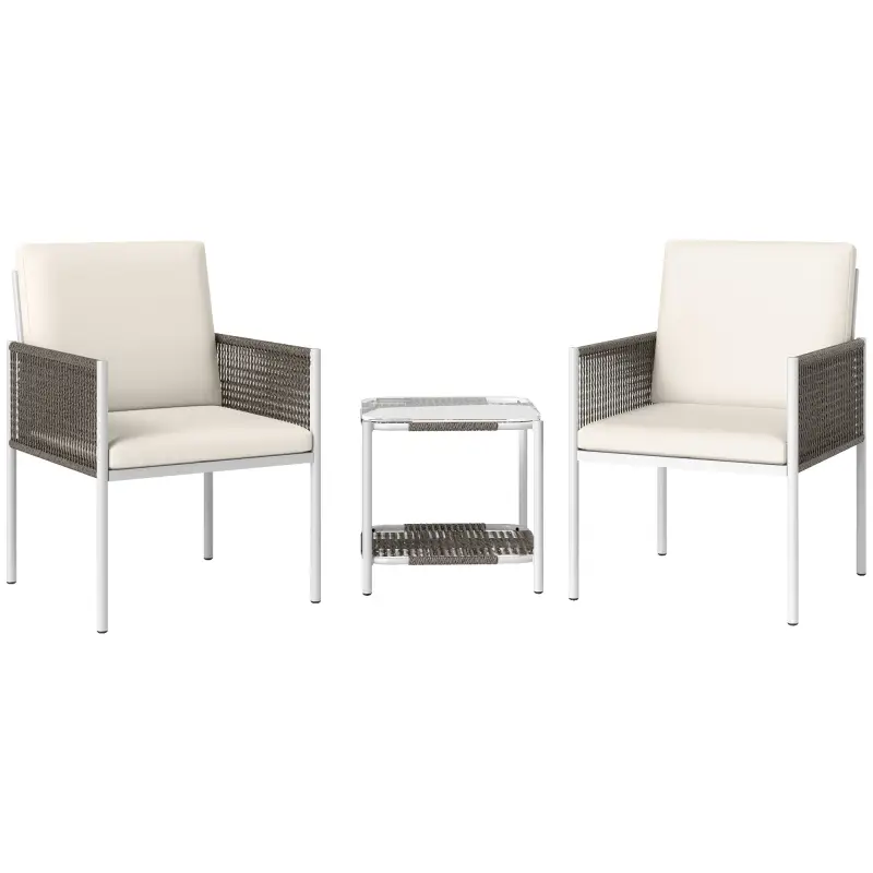 Juego de 2 Sillas y Mesa de Ratán con Cojines Acolchados y Encimera de Vidrio para Balcón Terraza Marrón y Crema Juego de 2 Sillas y Mesa de Ratán con Cojines Acolchados y Encimera de Vidrio para Balcón Terraza Marrón y Crema