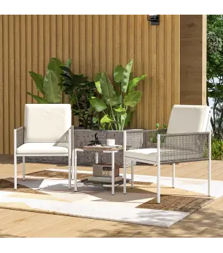 Juego de 2 Sillas y Mesa de Ratán con Cojines Acolchados y Encimera de Vidrio para Balcón Terraza Marrón y Crema