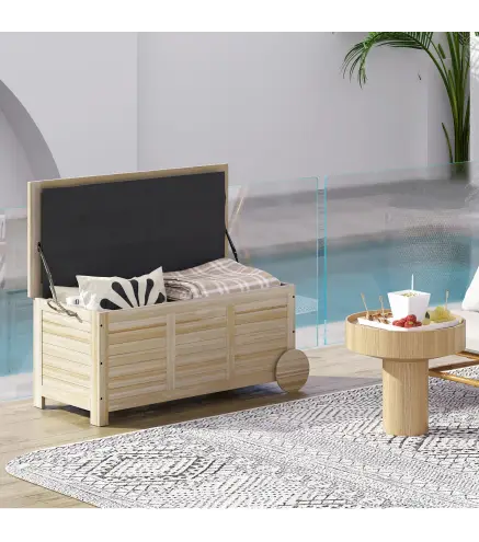 Baúl de Madera Exterior de 185L con 2 Ruedas Cuerdas de lino Bisagras Metálicas y Forro Interno 110x50x50 cm Natural