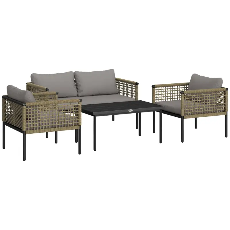 Conjunto de Muebles de Jardín 4 Piezas con Sofá Sillones Mesa de Centro y Cojines Natural y Gris Conjunto de Muebles de Jardín 4 Piezas con Sofá Sillones Mesa de Centro y Cojines Natural y Gris