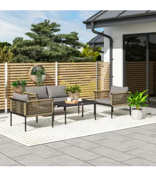 Conjunto de Muebles de Jardín 4 Piezas con Sofá Sillones Mesa de Centro y Cojines Natural y Gris