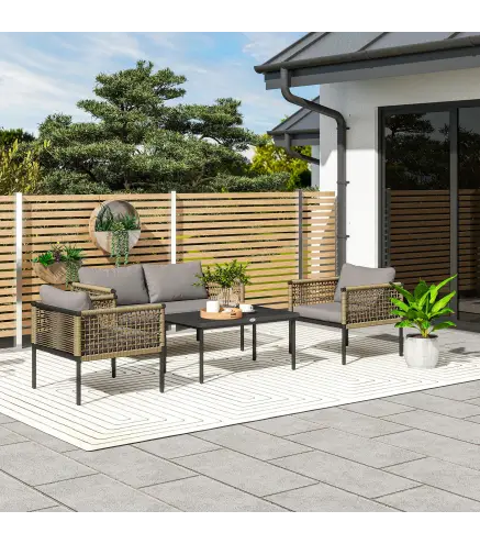 Conjunto de Muebles de Jardín 4 Piezas con Sofá Sillones Mesa de Centro y Cojines Natural y Gris