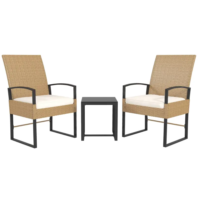 Conjunto de Jardín Exterior de Ratán de 3 Piezas con Respaldo Ajustable Cojines Acolchados y Encimera de Vidrio Beige