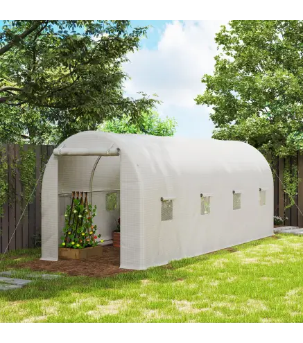 Invernadero de Túnel 500x200x205 cm Invernadero de Jardín con Puerta Enrollable y 8 Ventanas Cubierta PE 140 g/m² Blanco