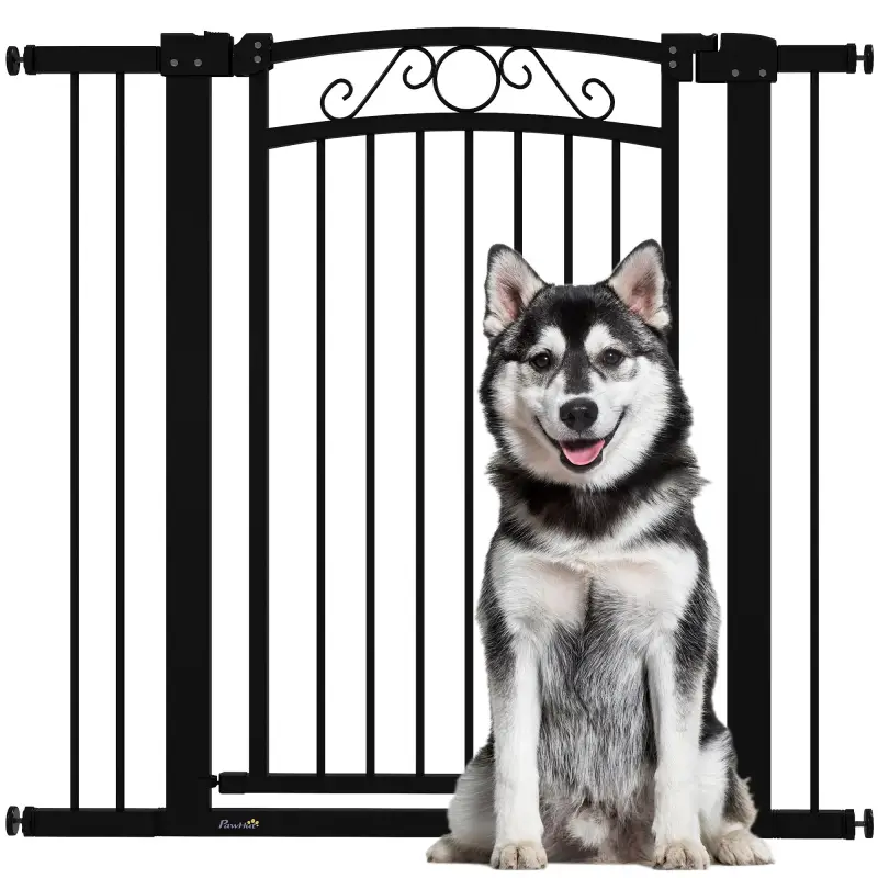 Puerta para Perros con Ancho Ajustable 76-104 cm Barrera de Seguridad con 2 Extensiones y Doble Bloqueo Negro Puerta para Perros con Ancho Ajustable 76-104 cm Barrera de Seguridad con 2 Extensiones y Doble Bloqueo Negro