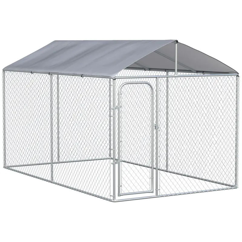 Perrera de Exterior con Toldo Anti-UV Impermeable Puerta con Pestillo y Marco de Metal Galvanizado 4x2,3x2,3 m Plata