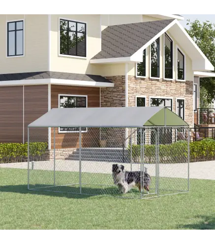 Perrera de Exterior con Toldo Anti-UV Impermeable Puerta con Pestillo y Marco de Metal Galvanizado 4x2,3x2,3 m Plata