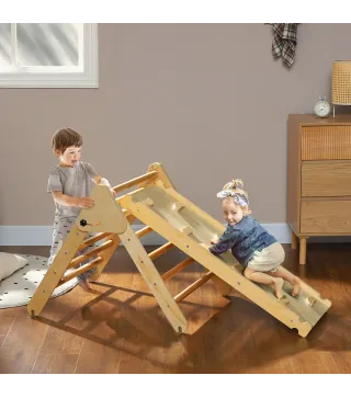 Triángulo de Escalada de Madera 3 en 1 con Rampa para Deslizarse o Escalar 147x64,5x63 cm Natural