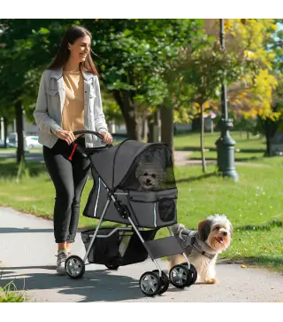 Carrito para Perros Pequeños con Toldo Ajustable Cesta de Almacenaje Portavasos y Ruedas 75x45x97 cm Gris Oscuro