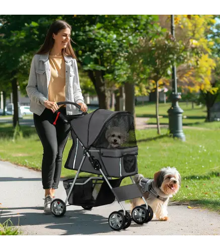 Carrito para Perros Pequeños con Toldo Ajustable Cesta de Almacenaje Portavasos y Ruedas 75x45x97 cm Gris Oscuro