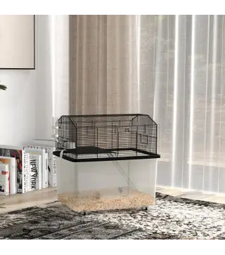 Jaula para Hámster con Fondo Profundo Plataforma Cuenco Bebedero Rampa y Ruedas 57x43x57 cm Negro