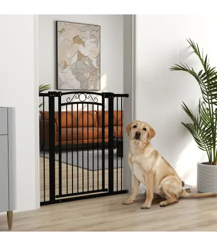 Puerta para Perros con Ancho Ajustable 76-104 cm Barrera de Seguridad con 2 Extensiones y Doble Bloqueo Negro