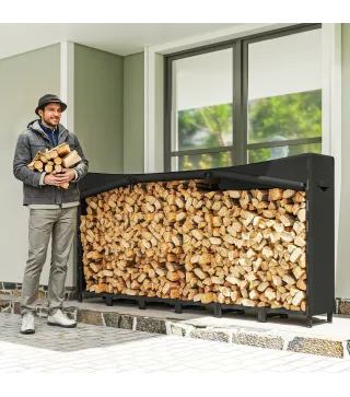 Leñero Exterior Metálico de Chimenea Soporte para Leña con Cubierta Impermeable y Cadenas de Acero 235x31x116 cm Negro