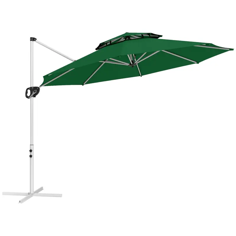 Parasol Excéntrico Ø292 cm con Manivela Giro 360° Inclinación Ajustable Doble Techo y Base Cruzada Verde Oscuro Parasol Excéntrico Ø292 cm con Manivela Giro 360° Inclinación Ajustable Doble Techo y Base Cruzada Verde Oscuro