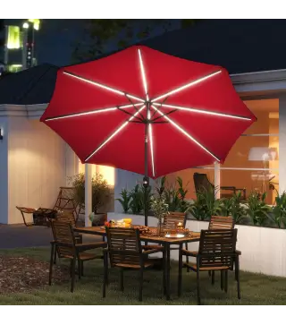 Sombrilla de Jardín Ø292x252 cm con Luces LED Solares Inclinación Ajustable y Manivela para Patio Terraza Burdeos