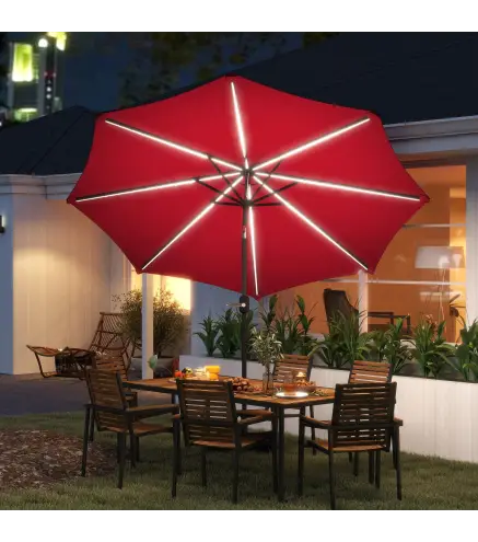 Sombrilla de Jardín Ø292x252 cm con Luces LED Solares Inclinación Ajustable y Manivela para Patio Terraza Burdeos