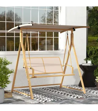 Columpio de Jardín de 2 Plazas con Toldo Ajustable y Estructura Triangular de Metal Carga 220 kg 160x112x162 cm Caqui